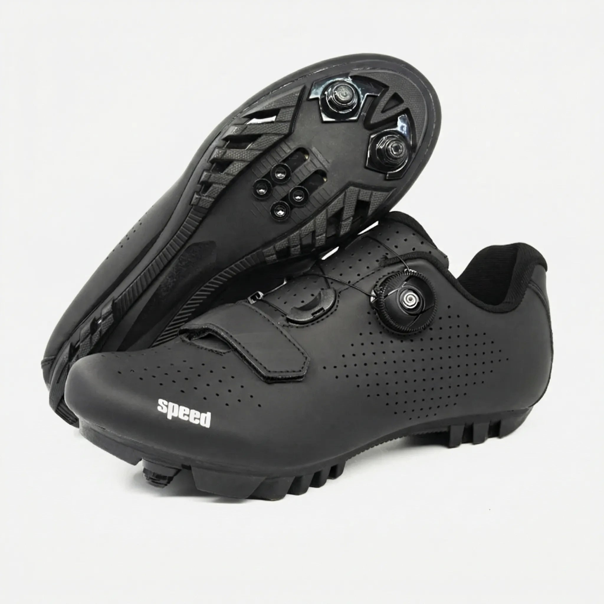 Mountain bike cycling shoe with self-locking cleat, rotary dial closure, breathable upper