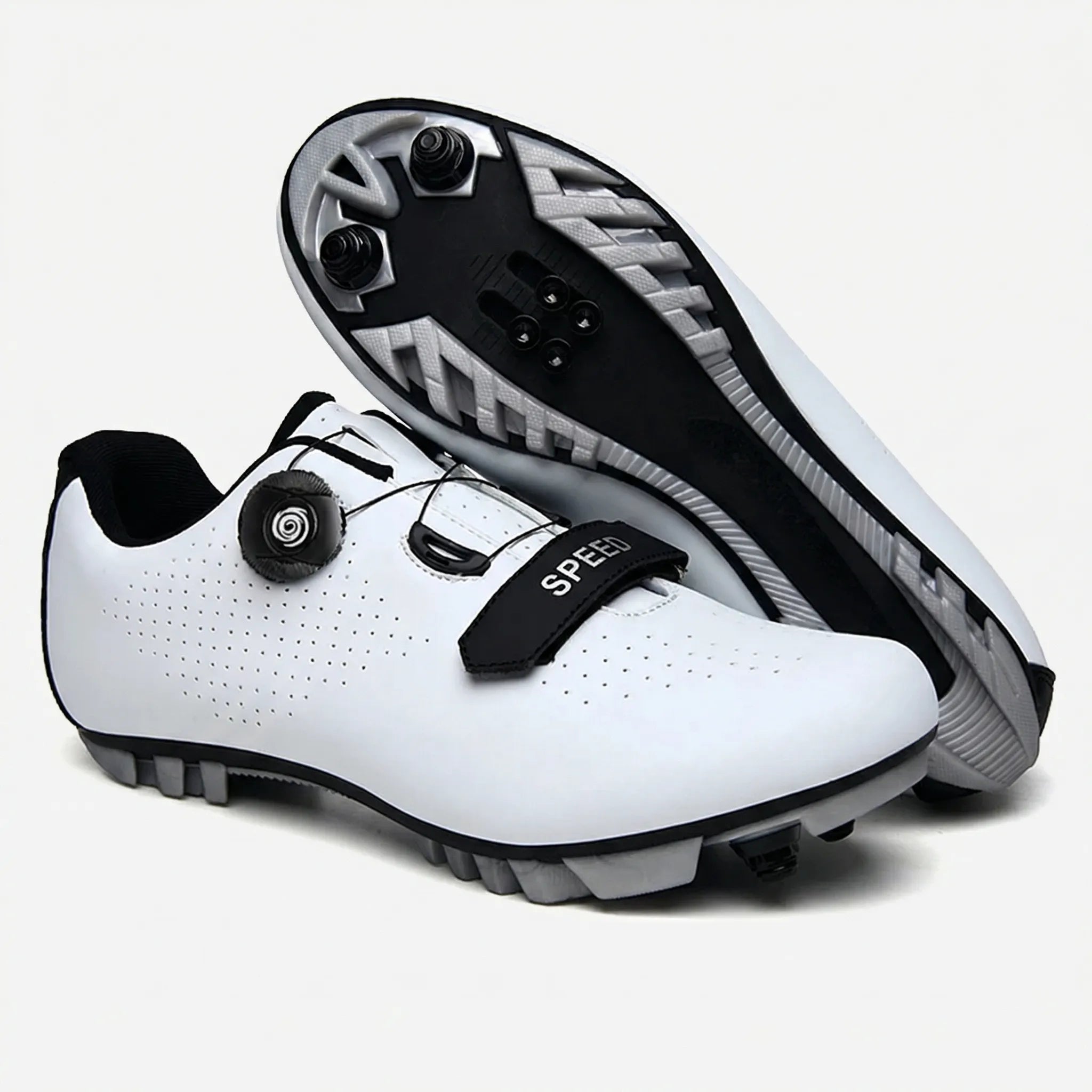 Mountain bike cycling shoe with self-locking cleat, rotary dial closure, breathable upper