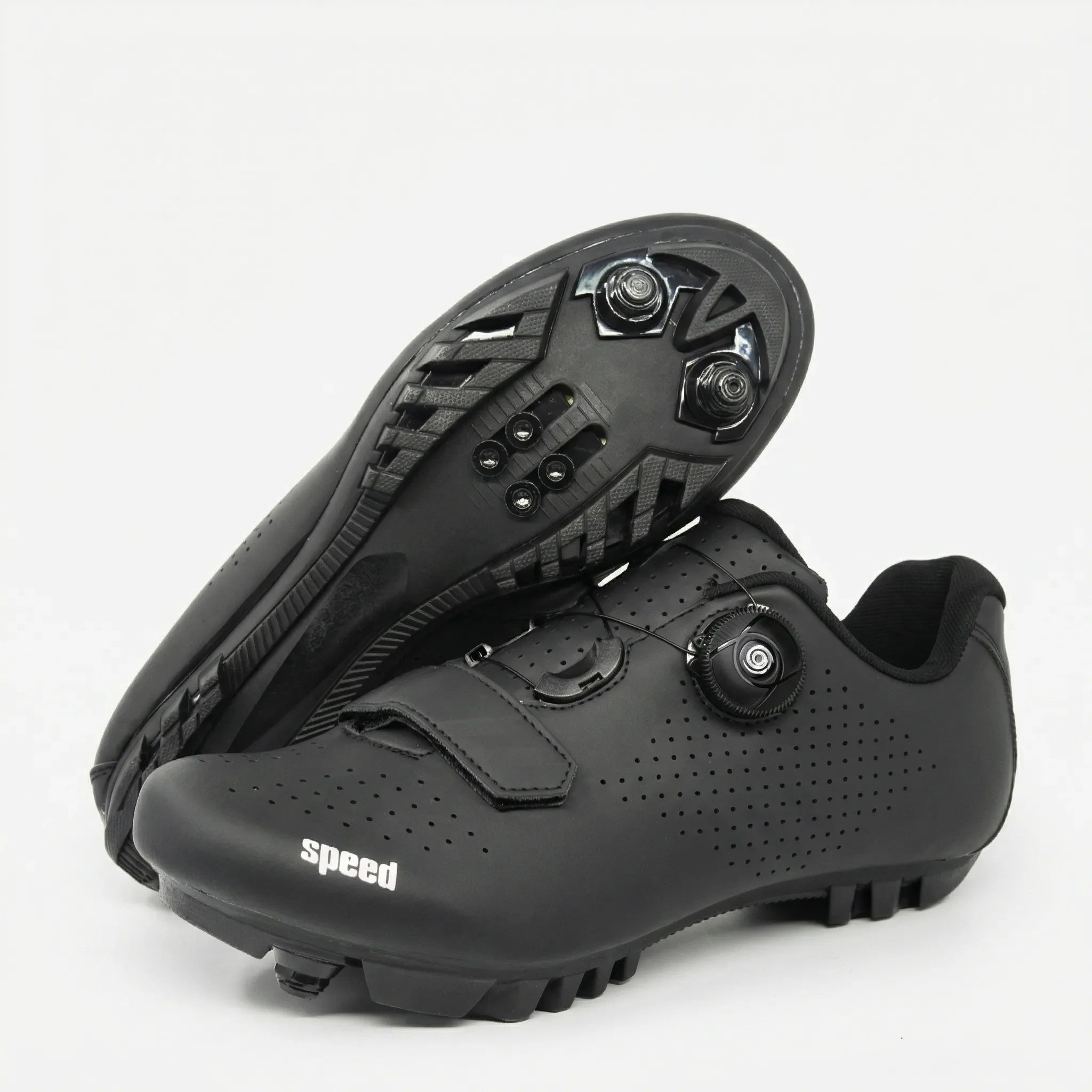 Mountain bike cycling shoe with self-locking cleat, rotary dial closure, breathable upper