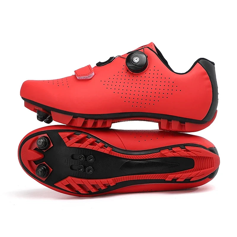 Mountain bike cycling shoe with self-locking cleat, rotary dial closure, breathable upper