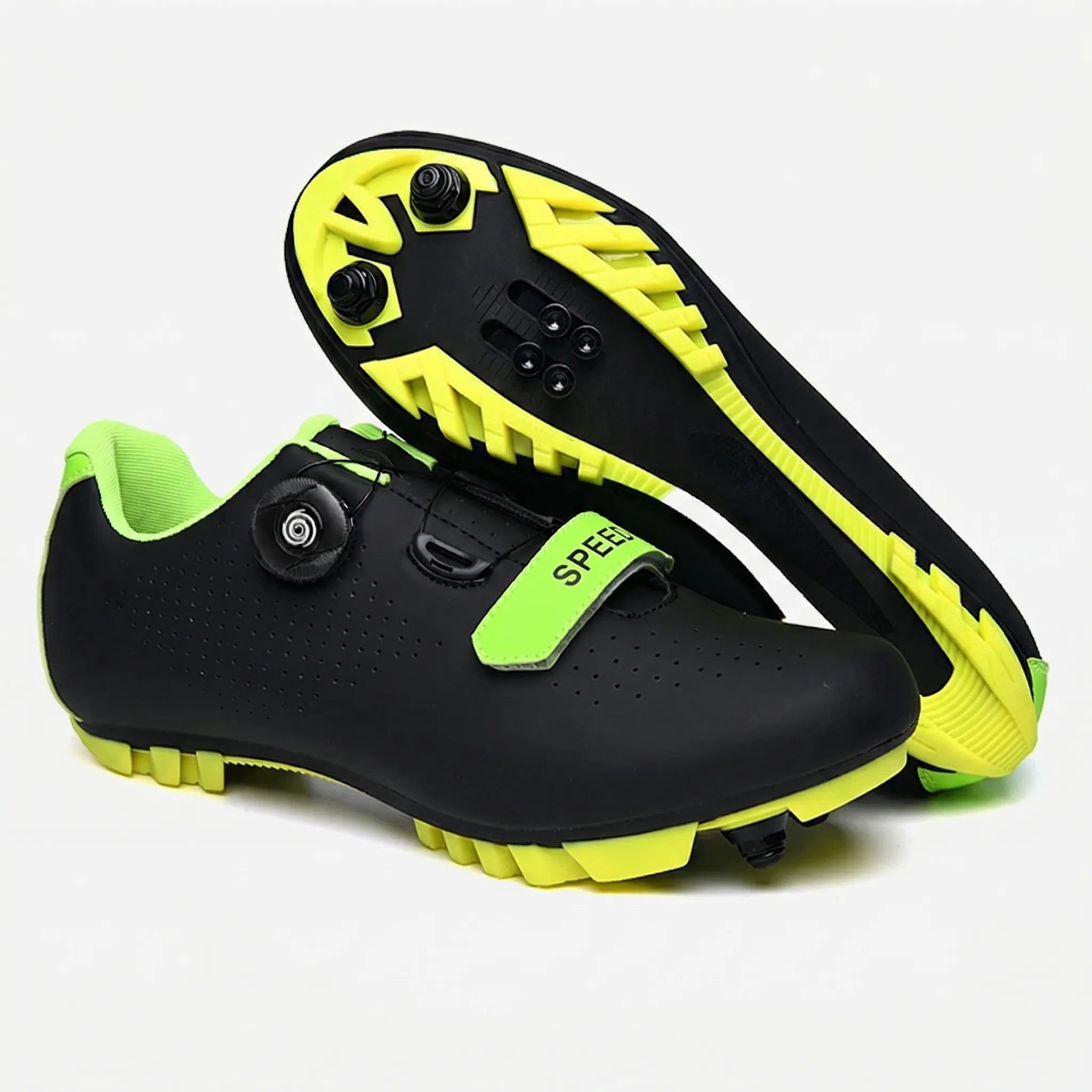 Mountain bike cycling shoe with self-locking cleat, rotary dial closure, breathable upper