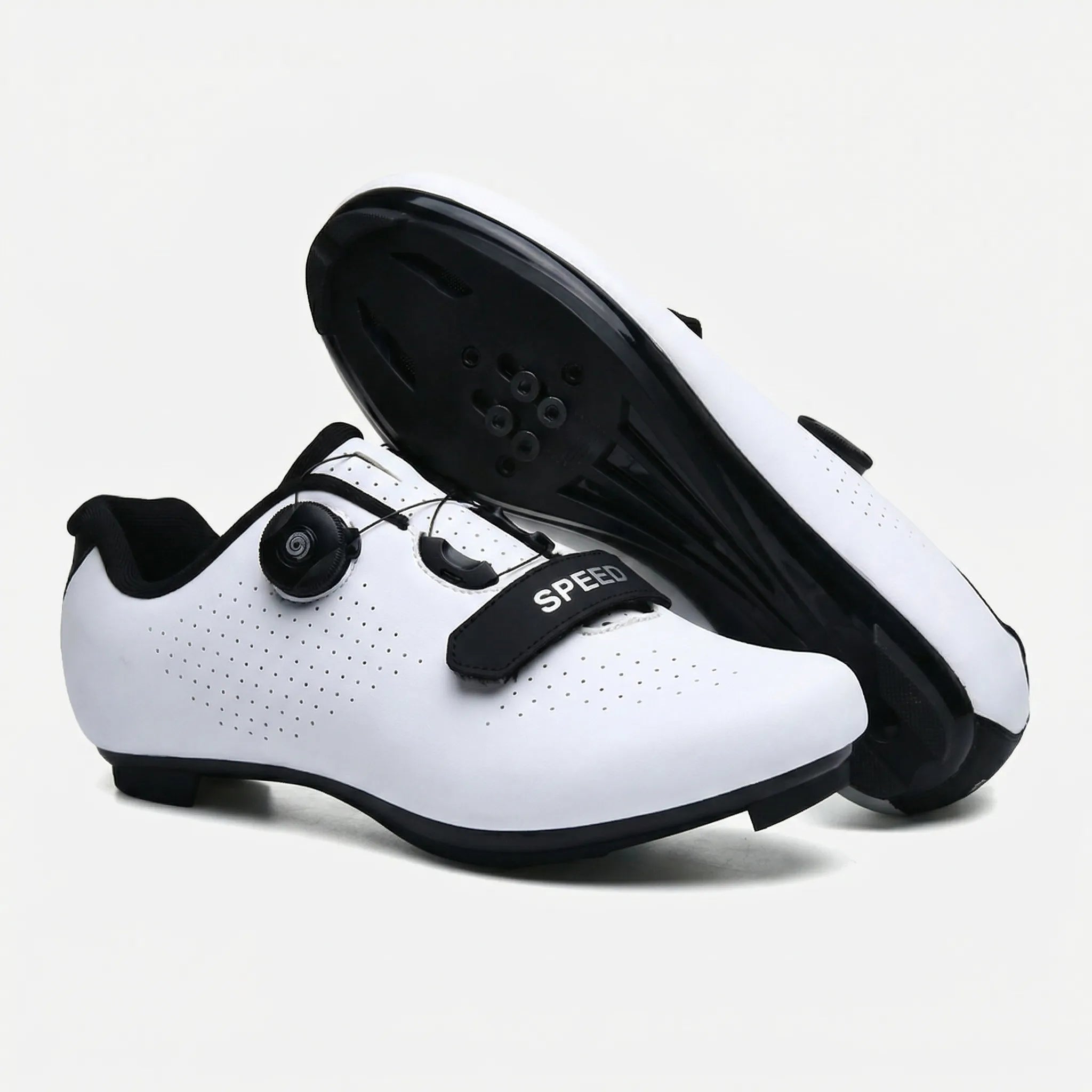 Mountain bike cycling shoe with self-locking cleat, rotary dial closure, breathable upper