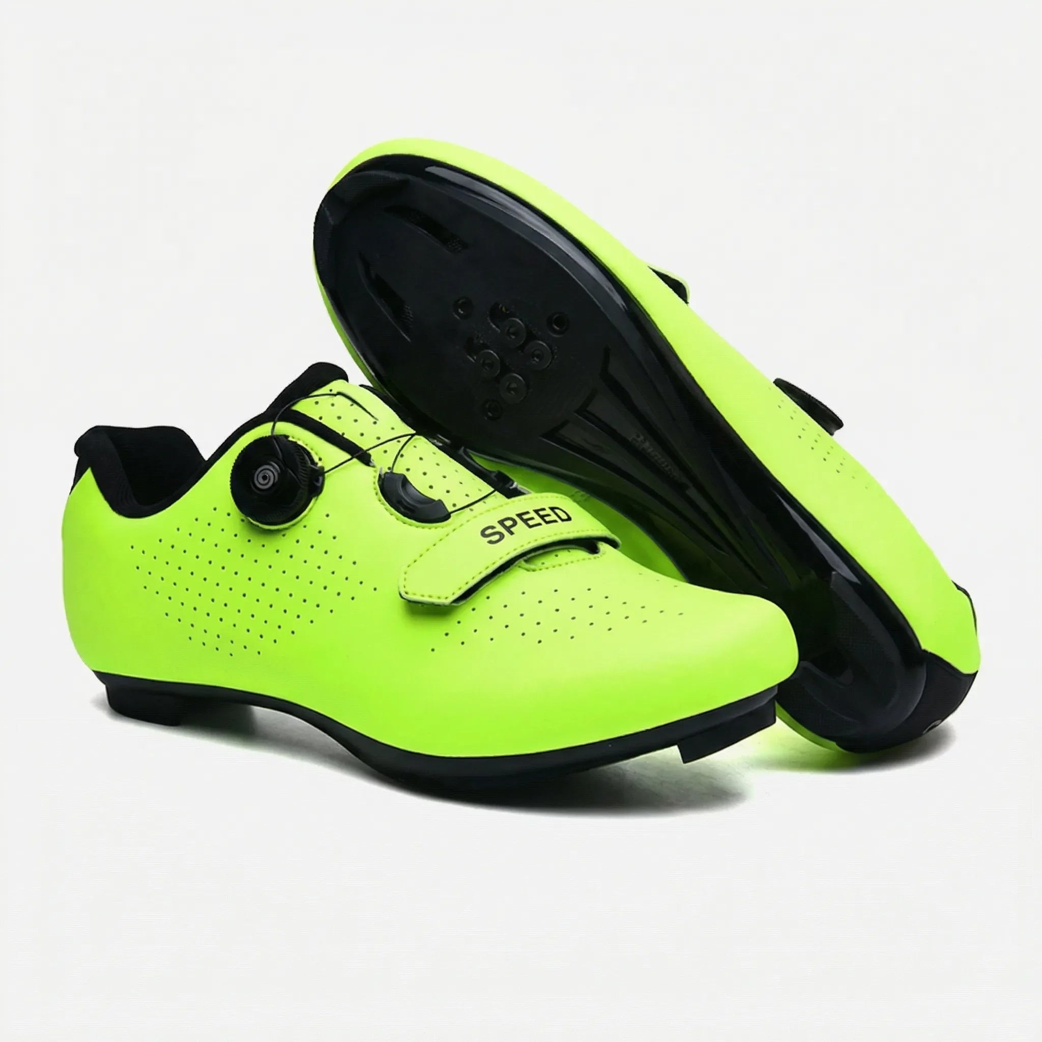 Mountain bike cycling shoe with self-locking cleat, rotary dial closure, breathable upper