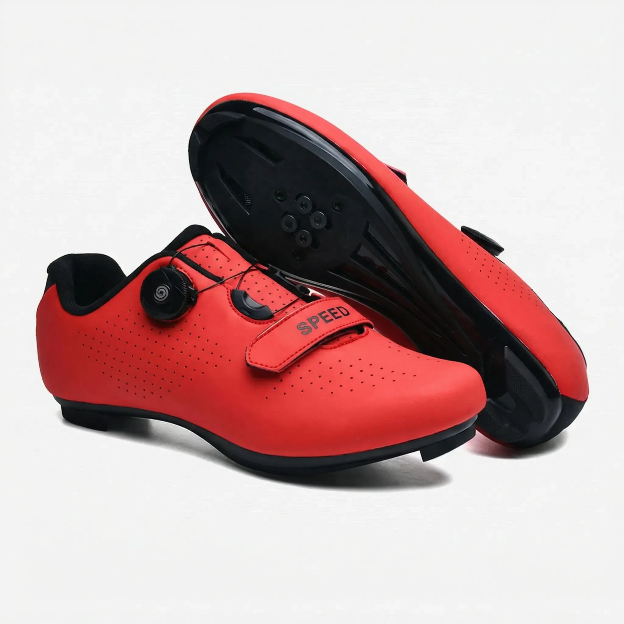 Mountain bike cycling shoe with self-locking cleat, rotary dial closure, breathable upper