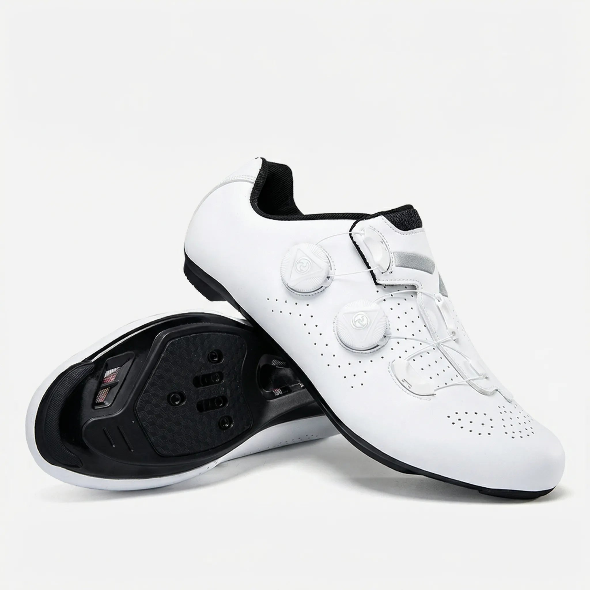 Self-locking cycling shoe with dual dial closure and perforated upper