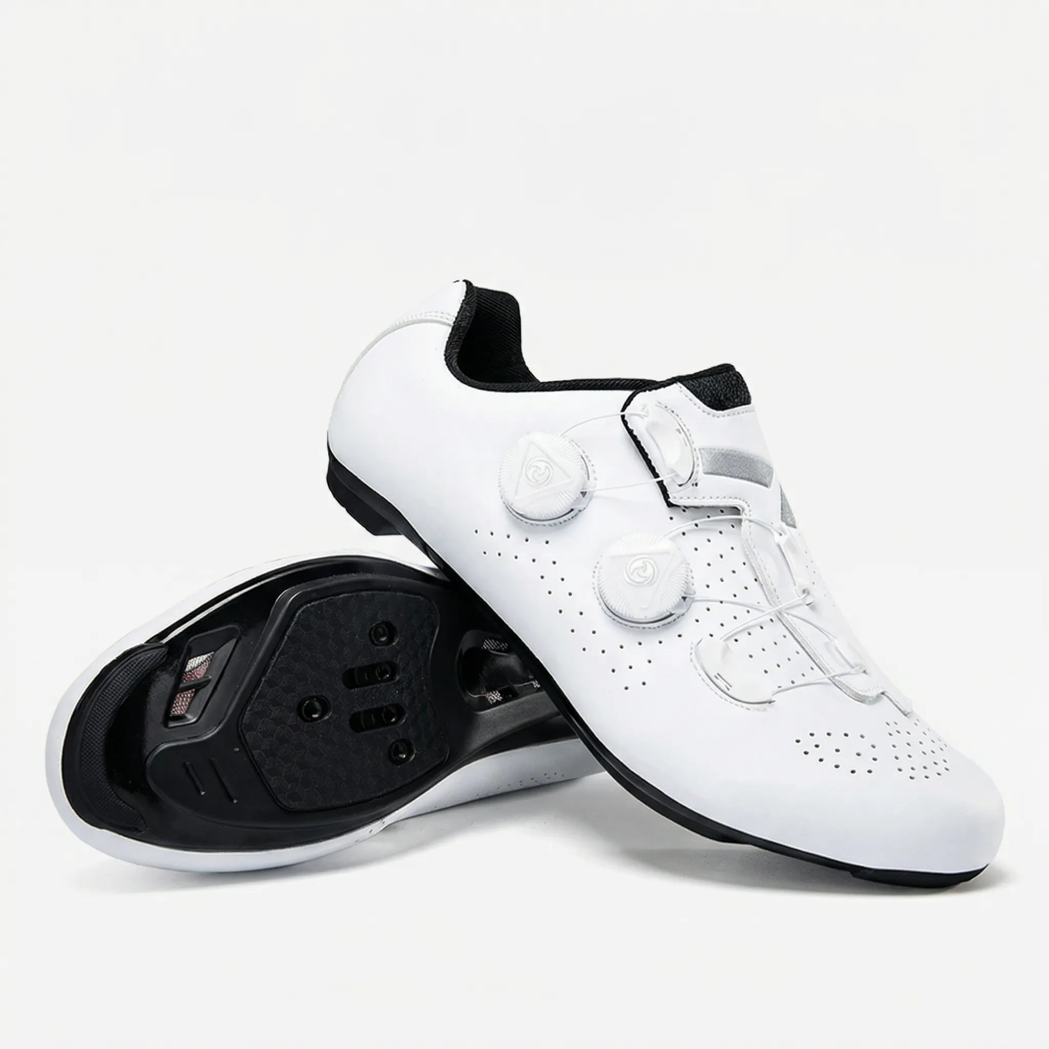 Self-locking cycling shoe with dual dial closure and perforated upper
