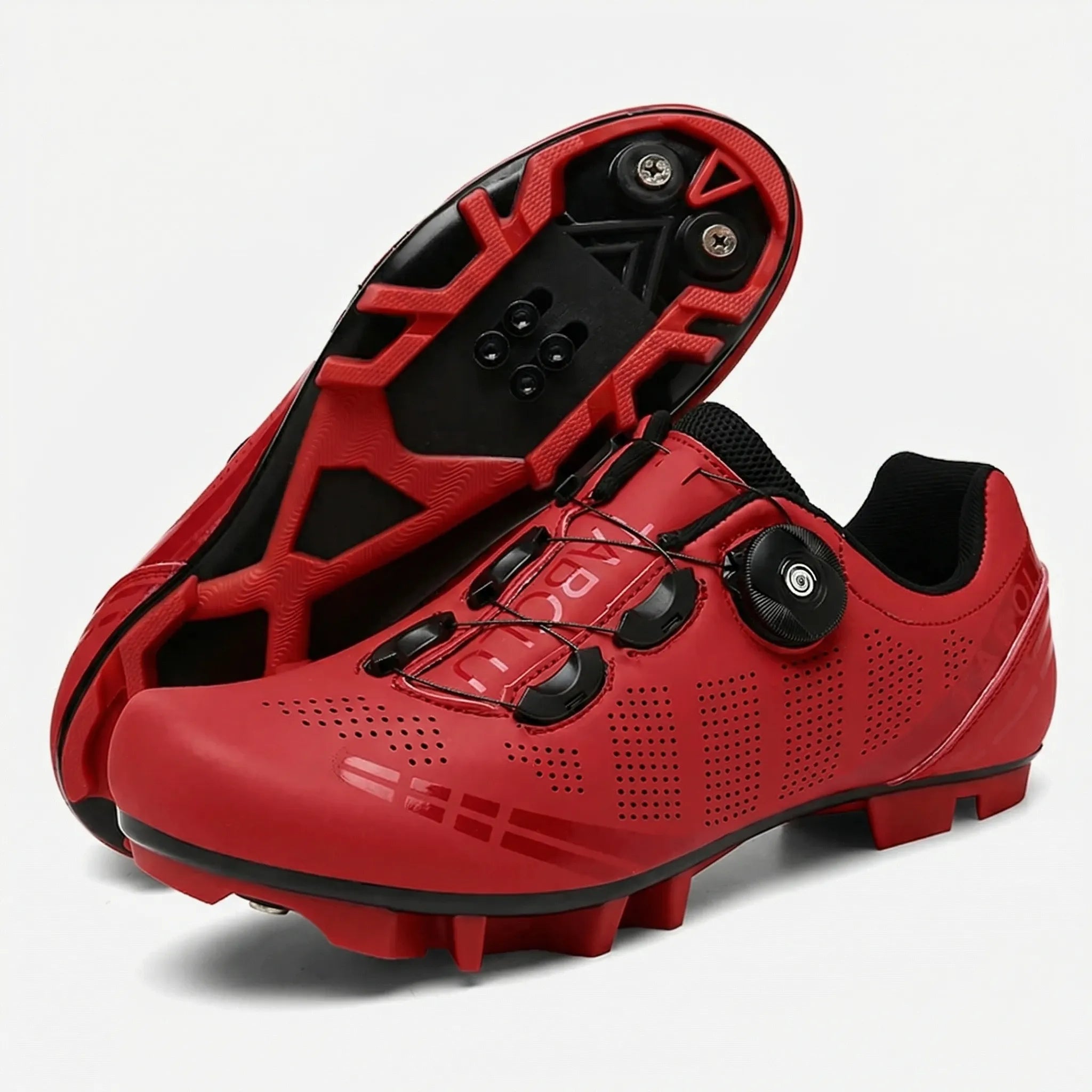 Road cycling shoe with dual rotary dial closure and self-locking cleat sole