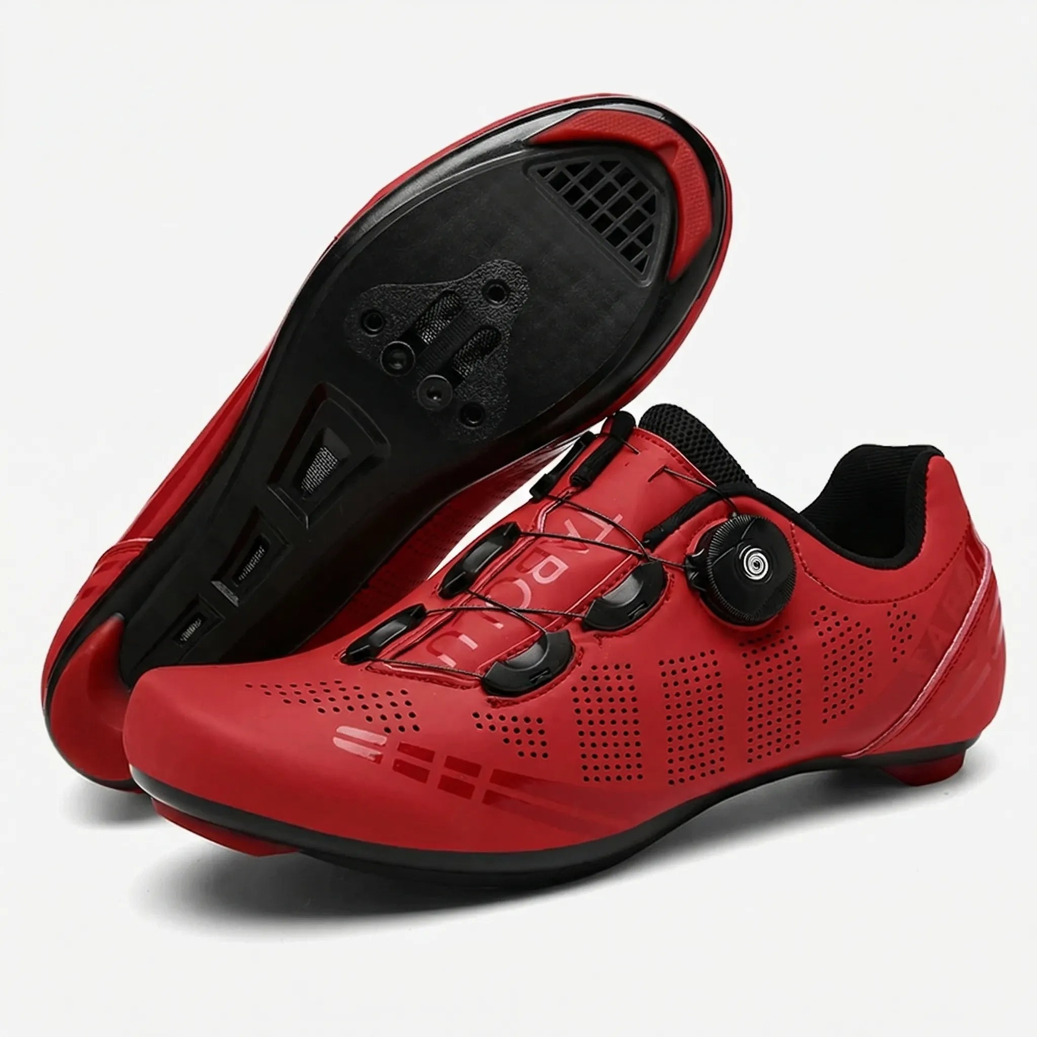 Road cycling shoe with dual rotary dial closure and self-locking cleat sole