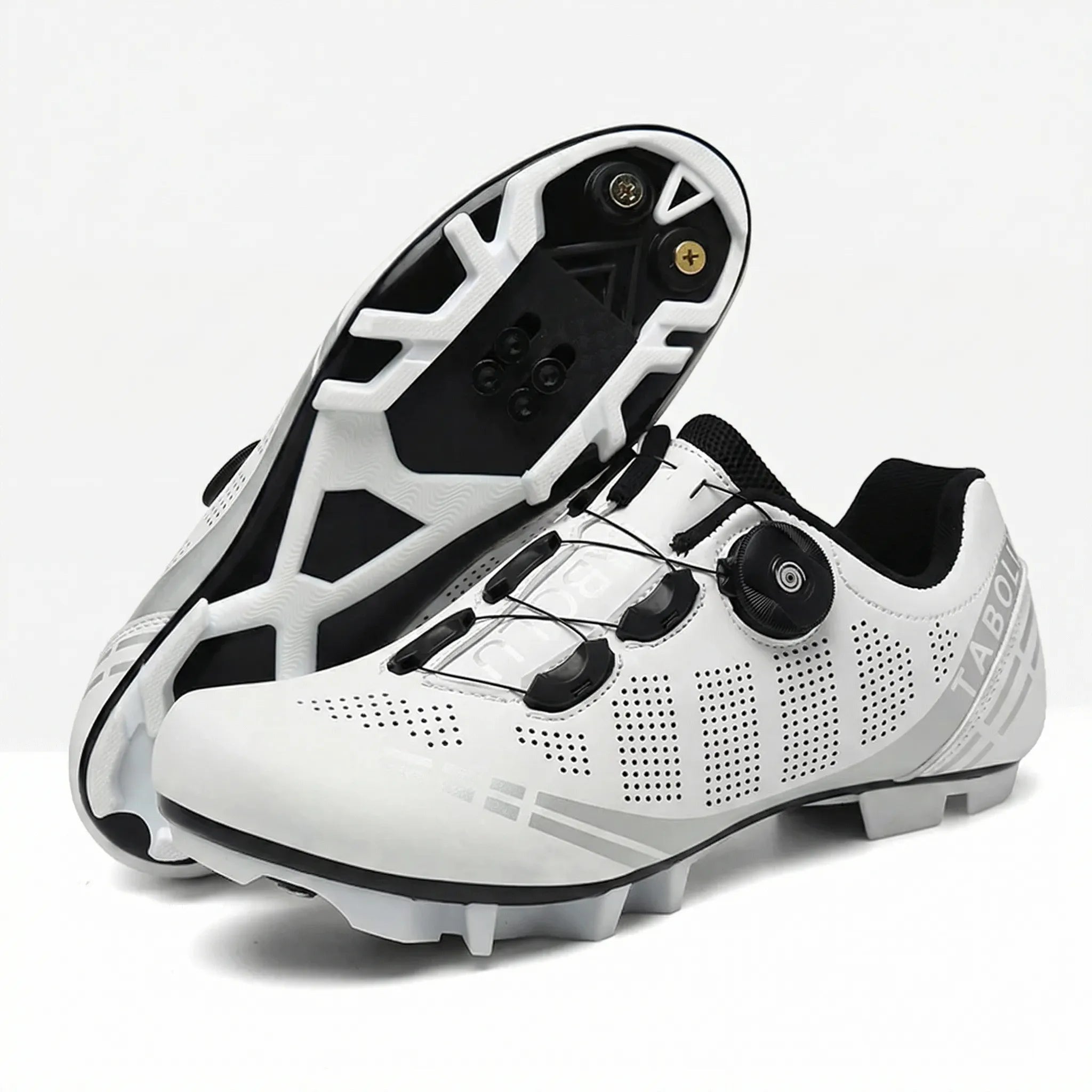 Road cycling shoe with dual rotary dial closure and self-locking cleat sole