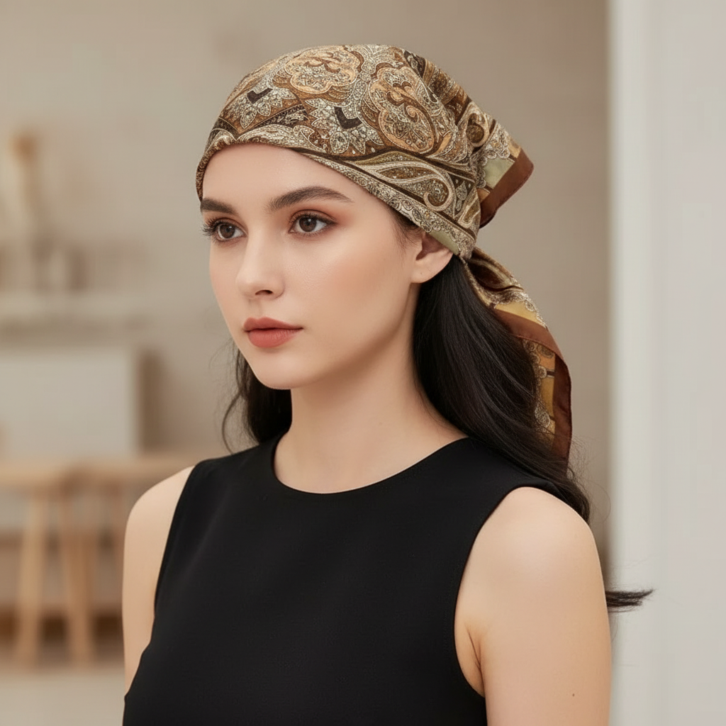 Square scarf with silk-like polyester and paisley print pattern