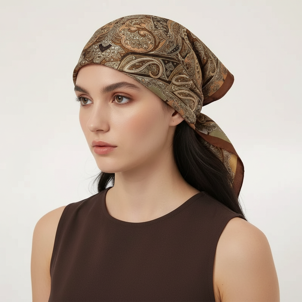 Square scarf with silk-like polyester and paisley print pattern
