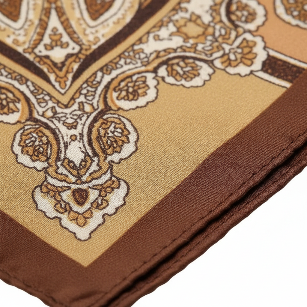 Square scarf with silk-like polyester and paisley print pattern