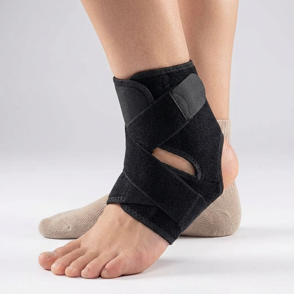 Adjustable ankle support sleeve with breathable construction and stabilizing straps
