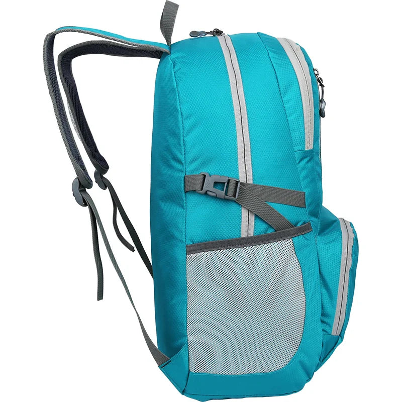 Foldable travel rucksack with water-repellent finish and padded straps