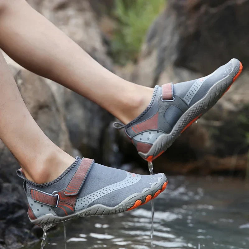 Quick-dry water shoes with textured rubber sole and hook-and-loop strap