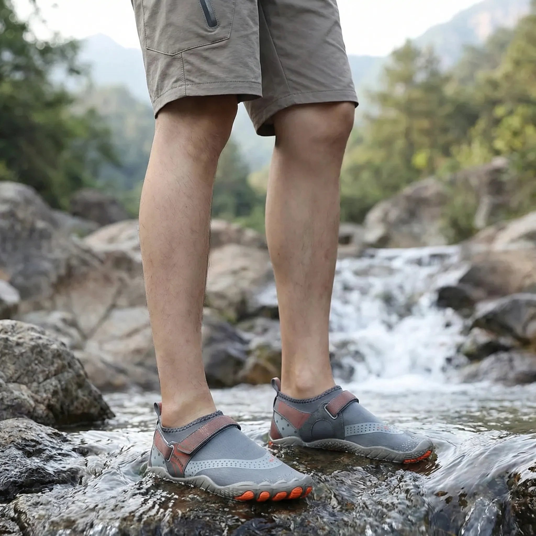 Quick-dry water shoes with textured rubber sole and hook-and-loop strap
