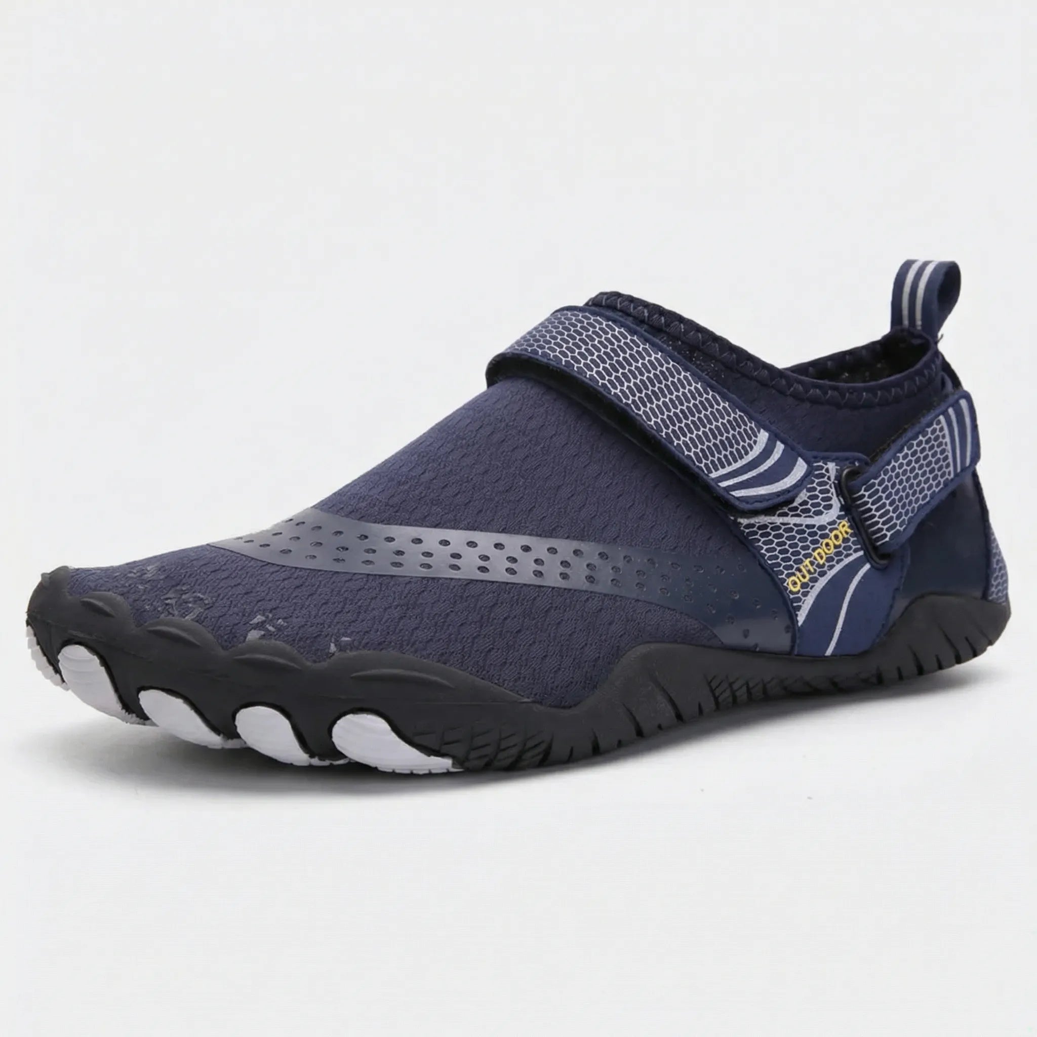 Quick-dry water shoes with textured rubber sole and hook-and-loop strap