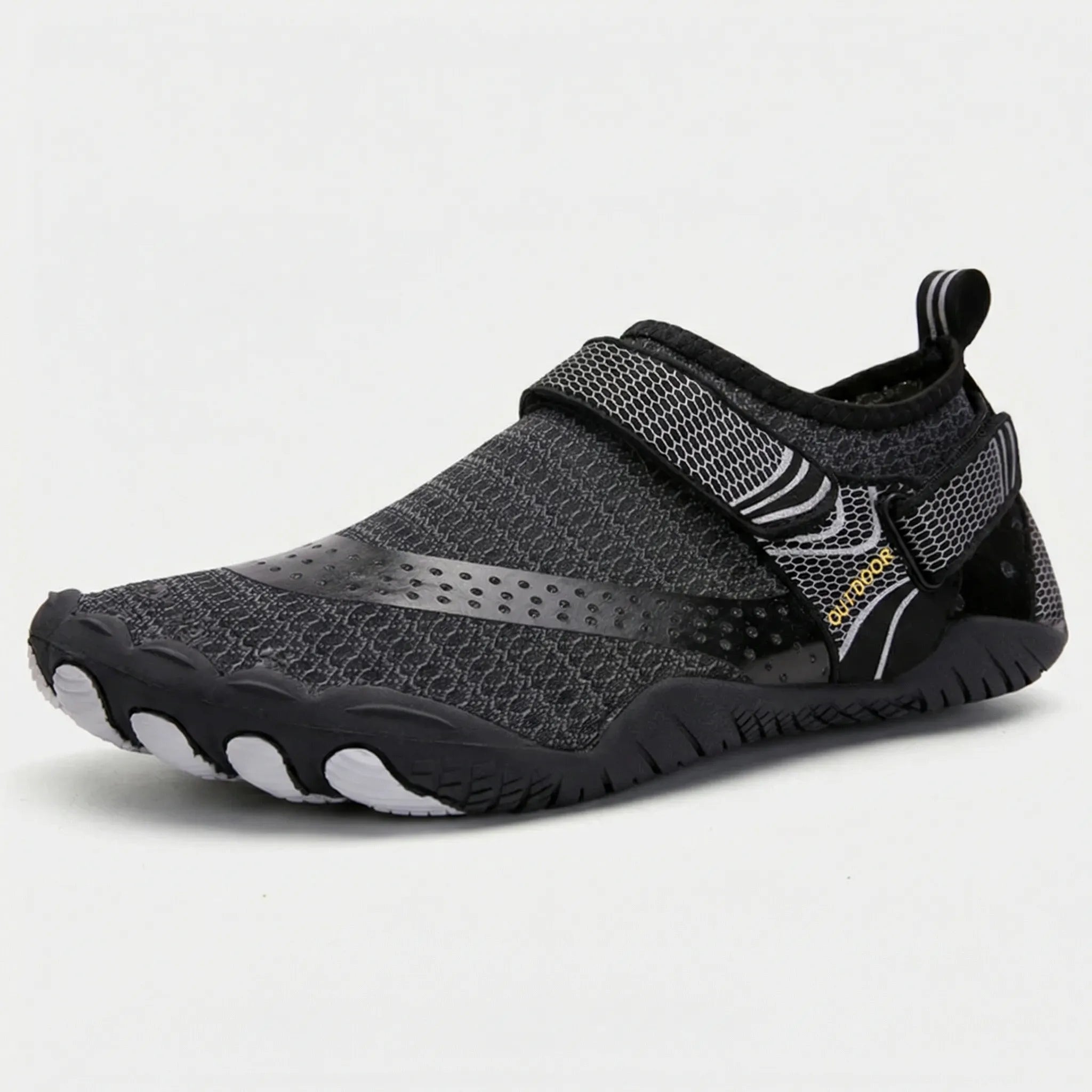 Quick-dry water shoes with textured rubber sole and hook-and-loop strap