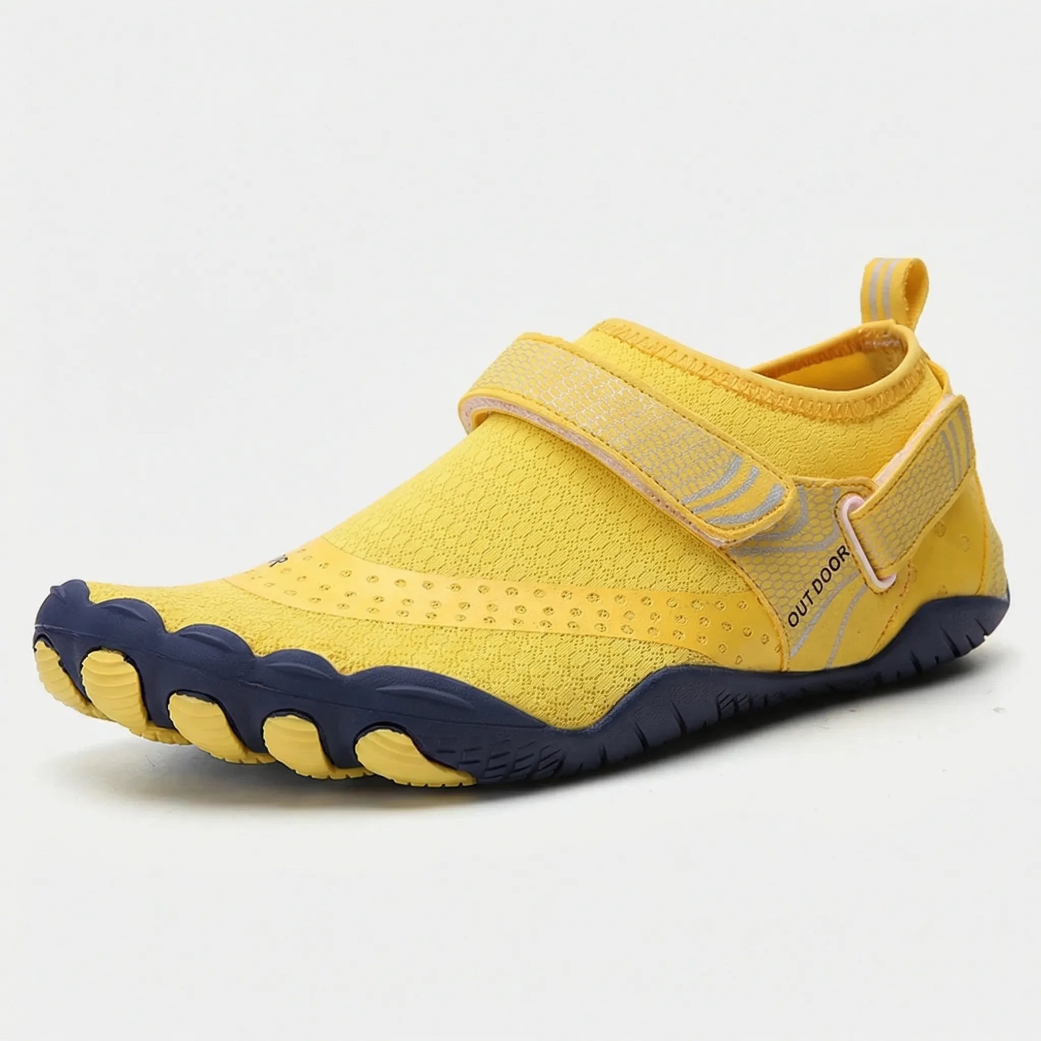 Quick-dry water shoes with textured rubber sole and hook-and-loop strap