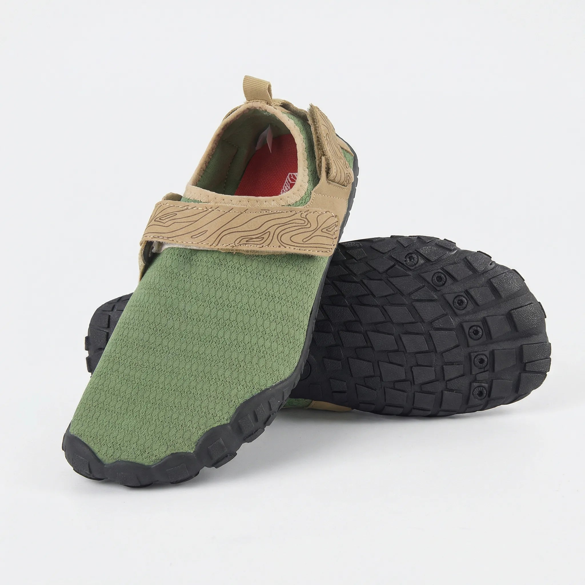 Quick-drying water shoes with non-slip sole, breathable mesh upper, and adjustable hook-and-loop strap