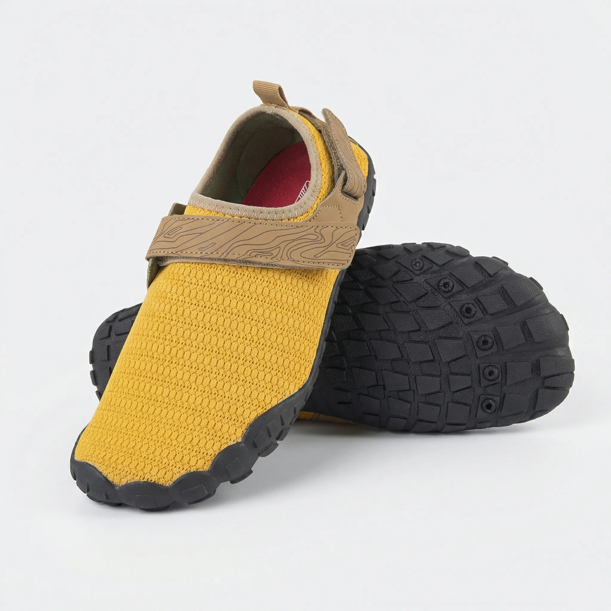 Quick-drying water shoes with non-slip sole, breathable mesh upper, and adjustable hook-and-loop strap