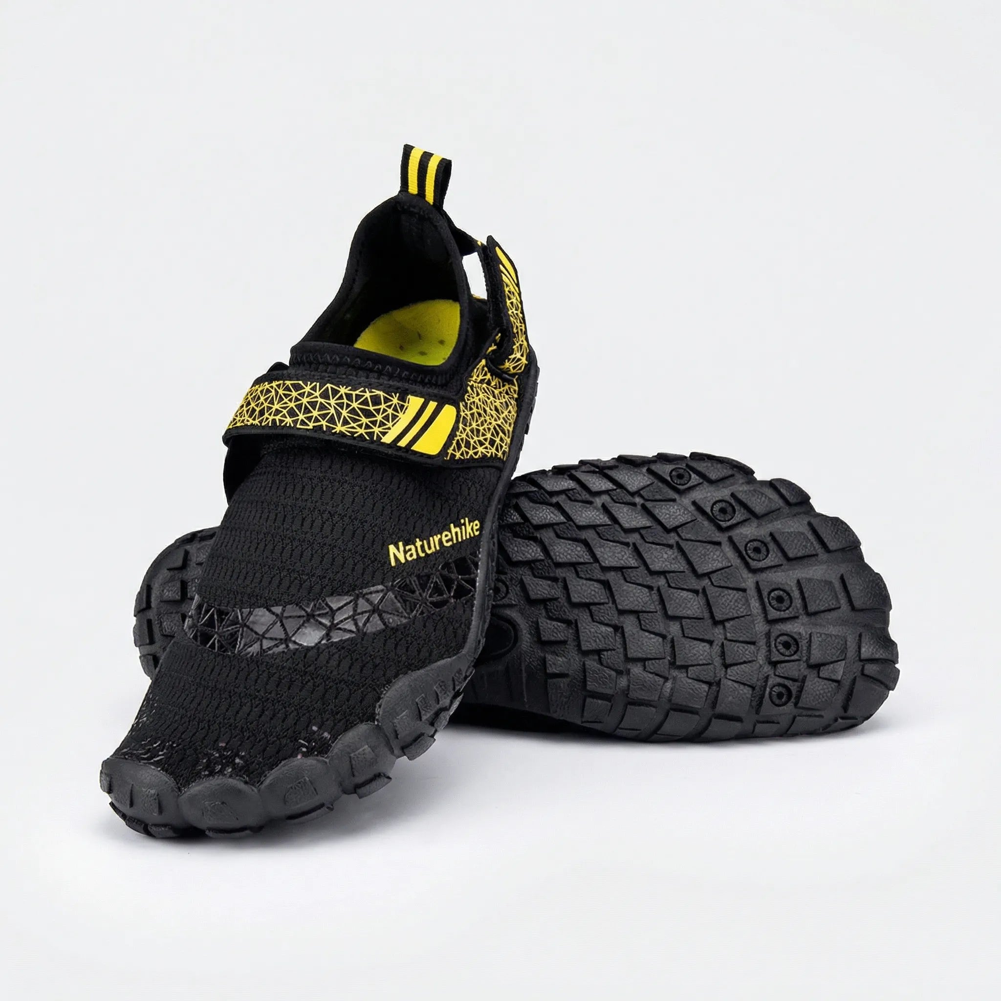 Quick-drying water shoes with non-slip sole, breathable mesh upper, and adjustable hook-and-loop strap