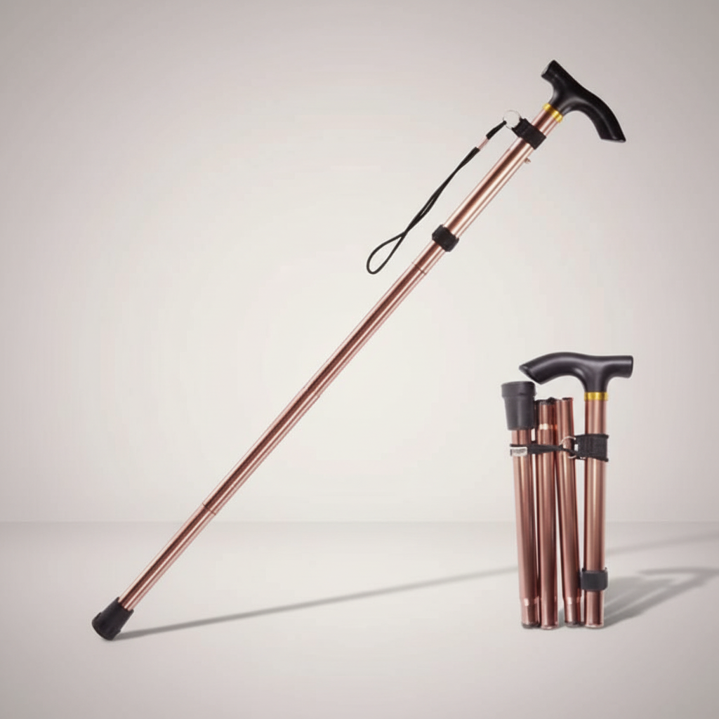 Lightweight folding walking cane with telescopic adjustment and ergonomic rubber handle