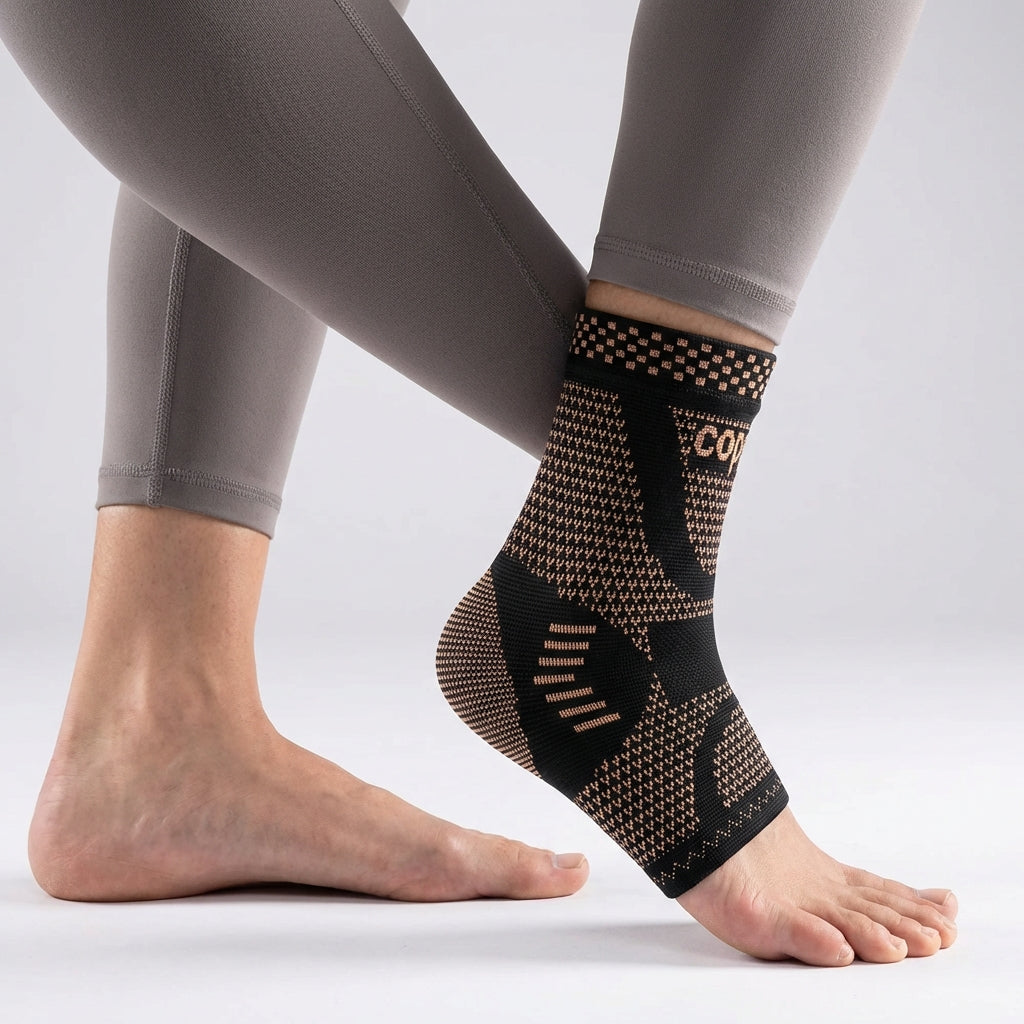 Compression ankle support sleeve with targeted reinforcement and breathable knitted construction
