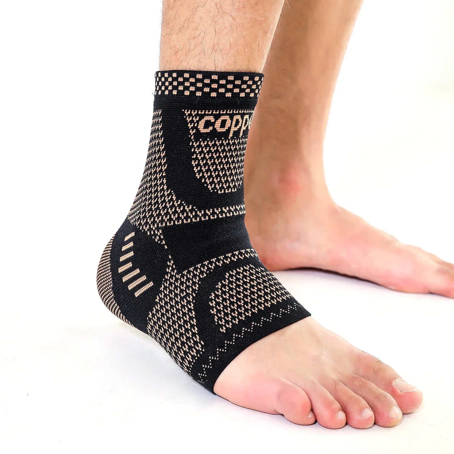 Compression ankle support sleeve with targeted reinforcement and breathable knitted construction
