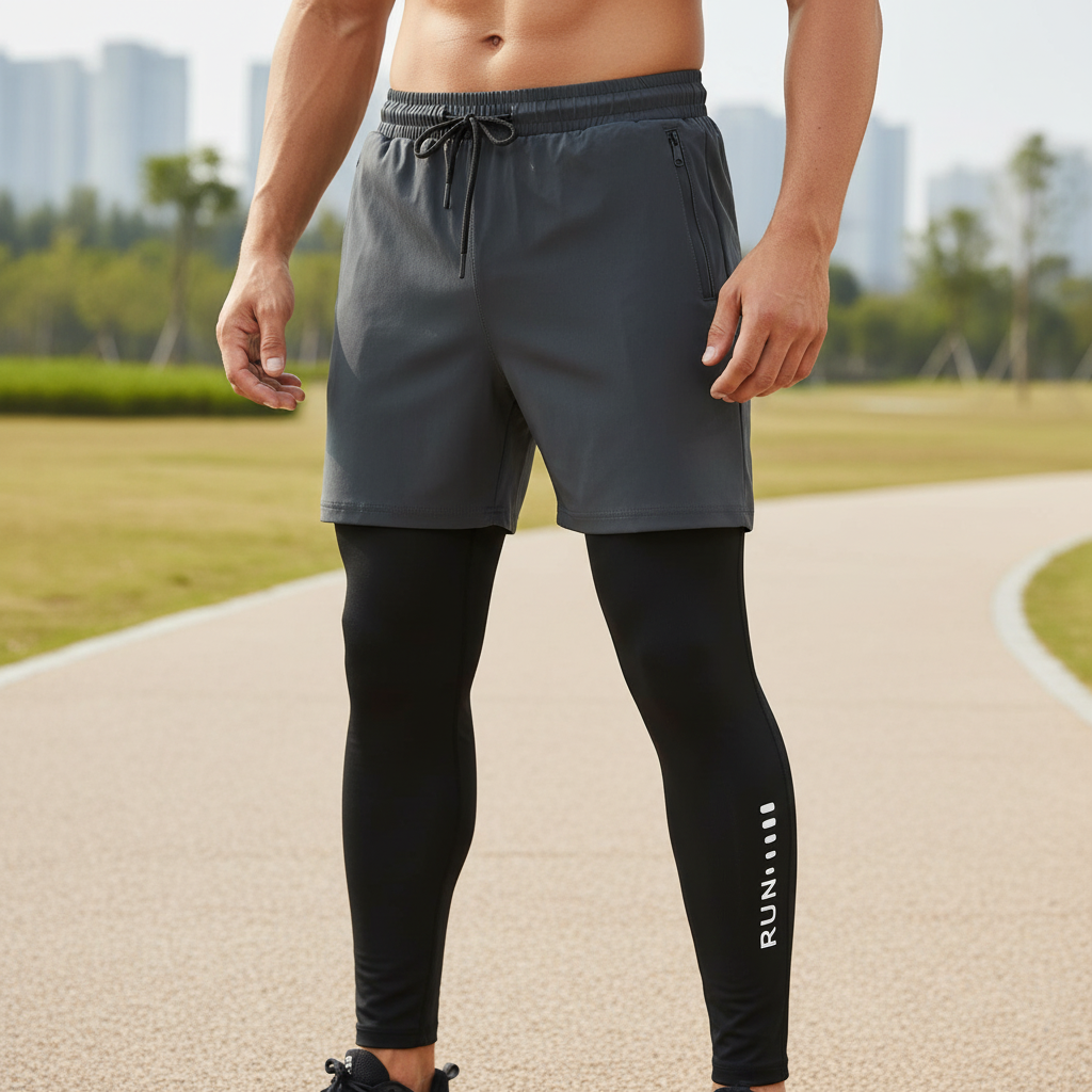 Men's two-in-one training pants with compression layer and zippered pockets