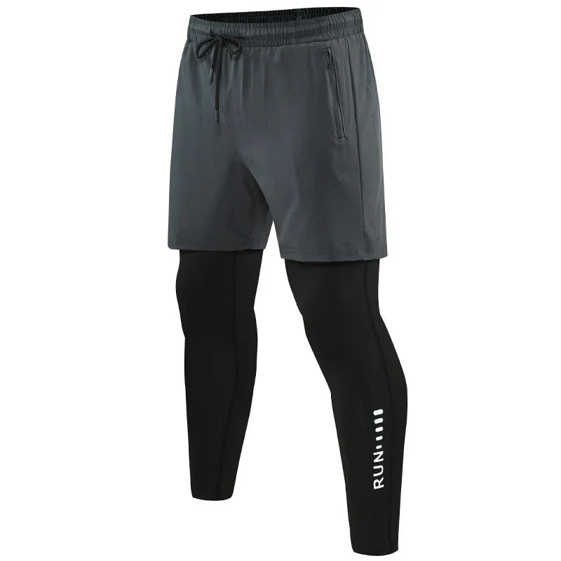 Men's two-in-one training pants with compression layer and zippered pockets