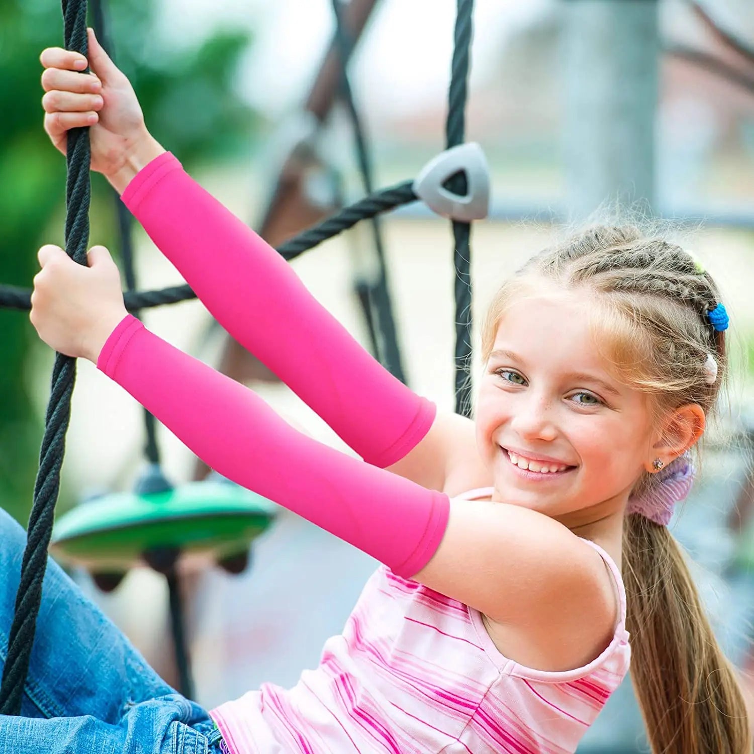 Kids cooling arm sleeves with sun protection and breathable nylon construction