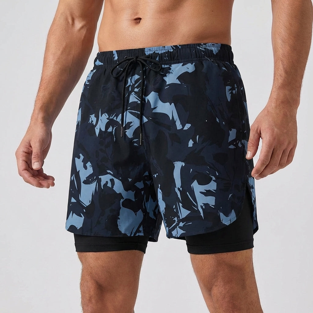 Swim shorts double layer quick-drying side slits adjustable fit