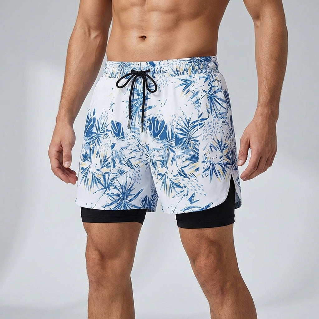 Swim shorts double layer quick-drying side slits adjustable fit