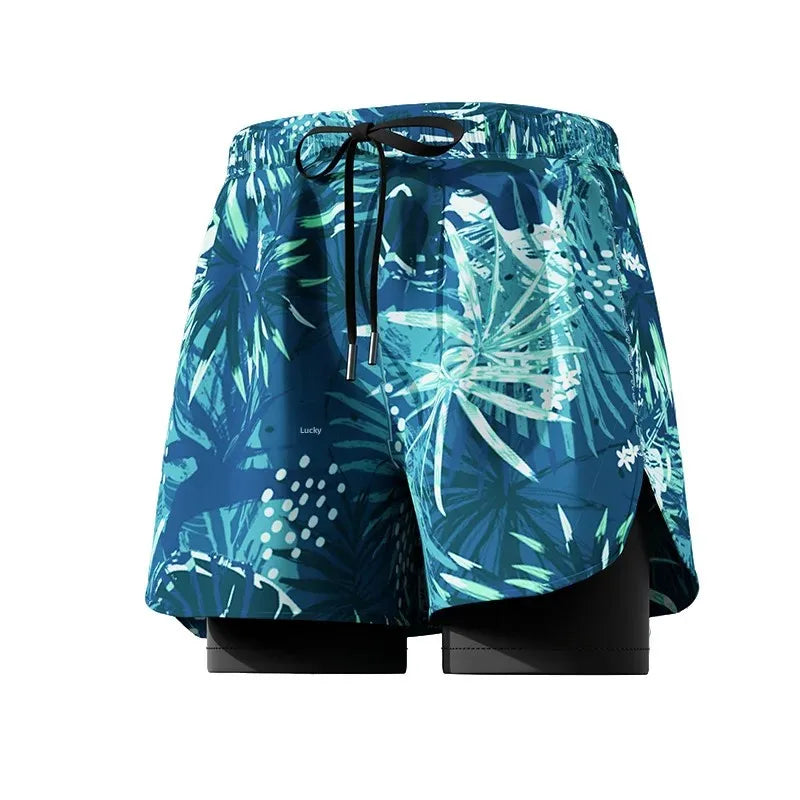Swim shorts double layer quick-drying side slits adjustable fit