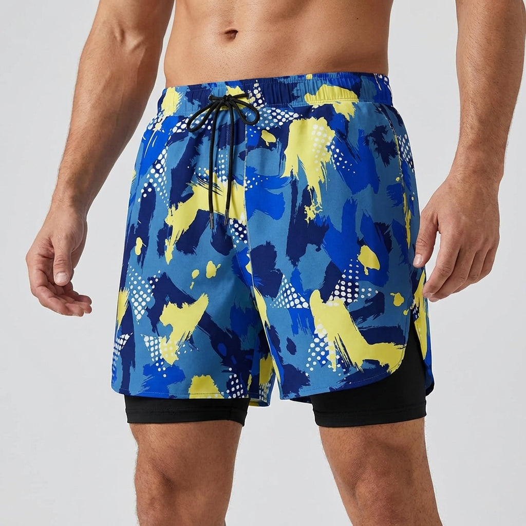 Swim shorts double layer quick-drying side slits adjustable fit