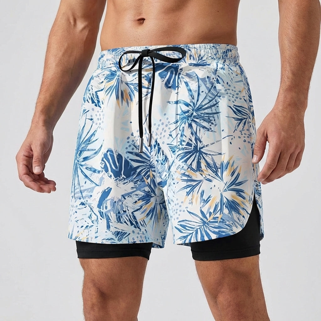 Swim shorts double layer quick-drying side slits adjustable fit