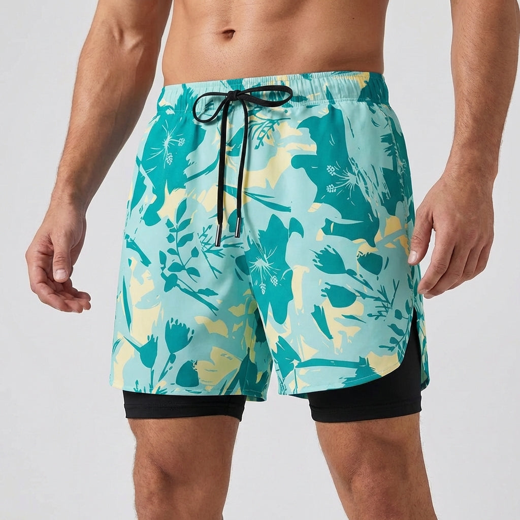 Swim shorts double layer quick-drying side slits adjustable fit