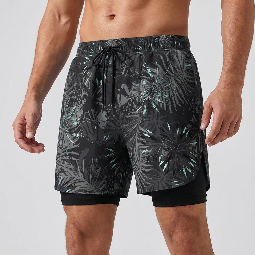 Swim shorts double layer quick-drying side slits adjustable fit