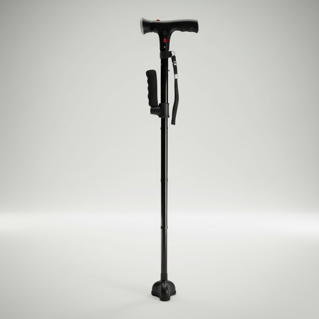 Collapsible walking cane with four-foot non-slip base and ergonomic T-handle