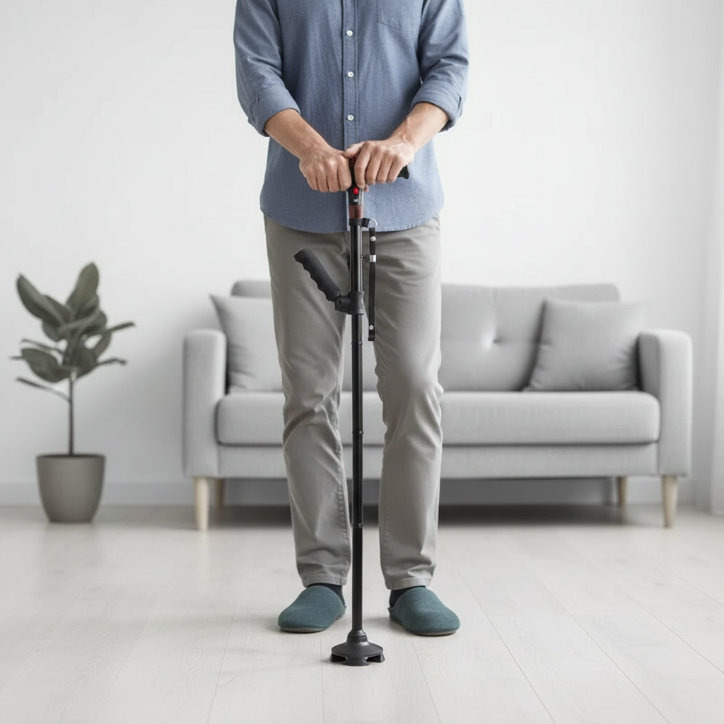Collapsible walking cane with four-foot non-slip base and ergonomic T-handle