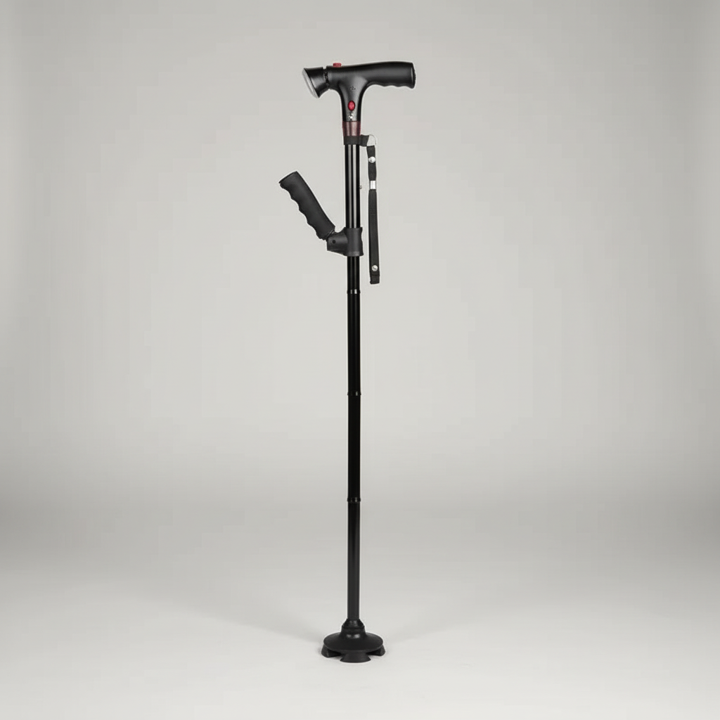 Collapsible walking cane with four-foot non-slip base and ergonomic T-handle
