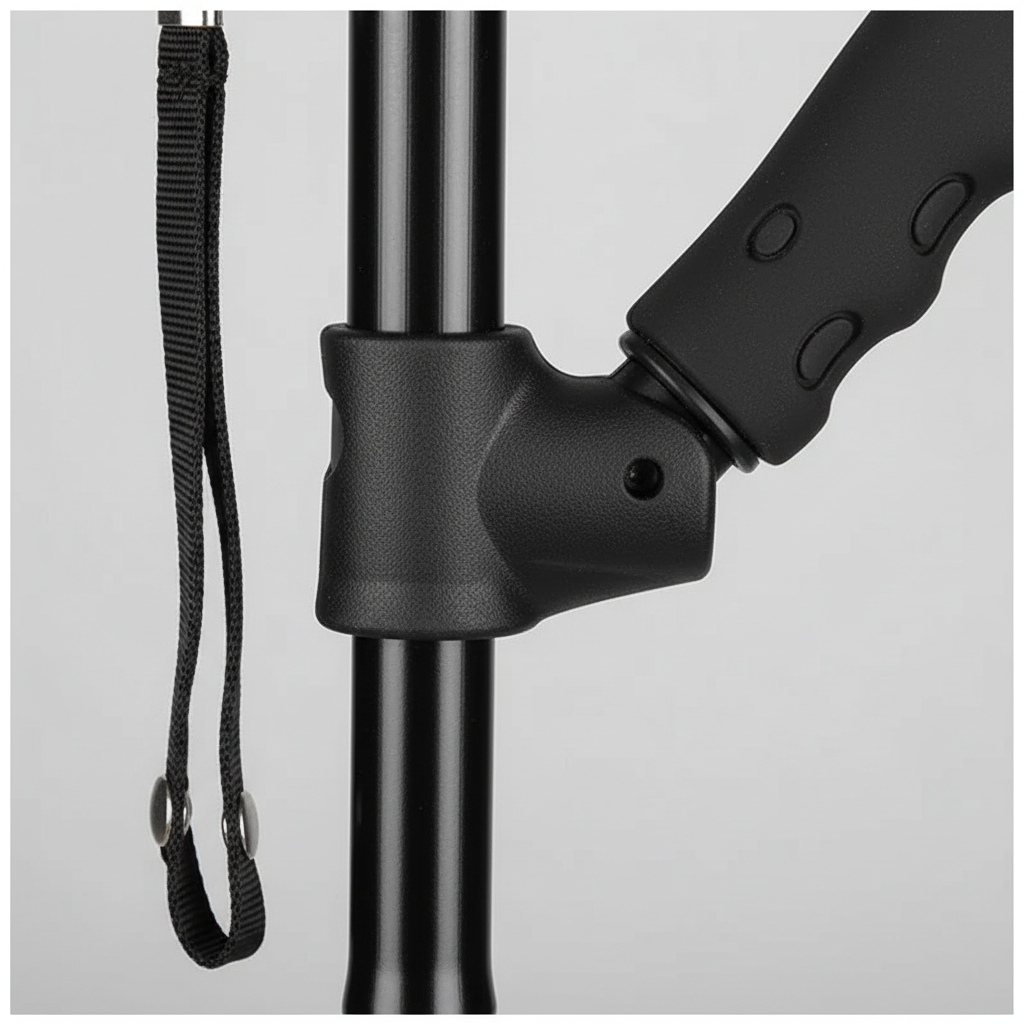 Collapsible walking cane with four-foot non-slip base and ergonomic T-handle