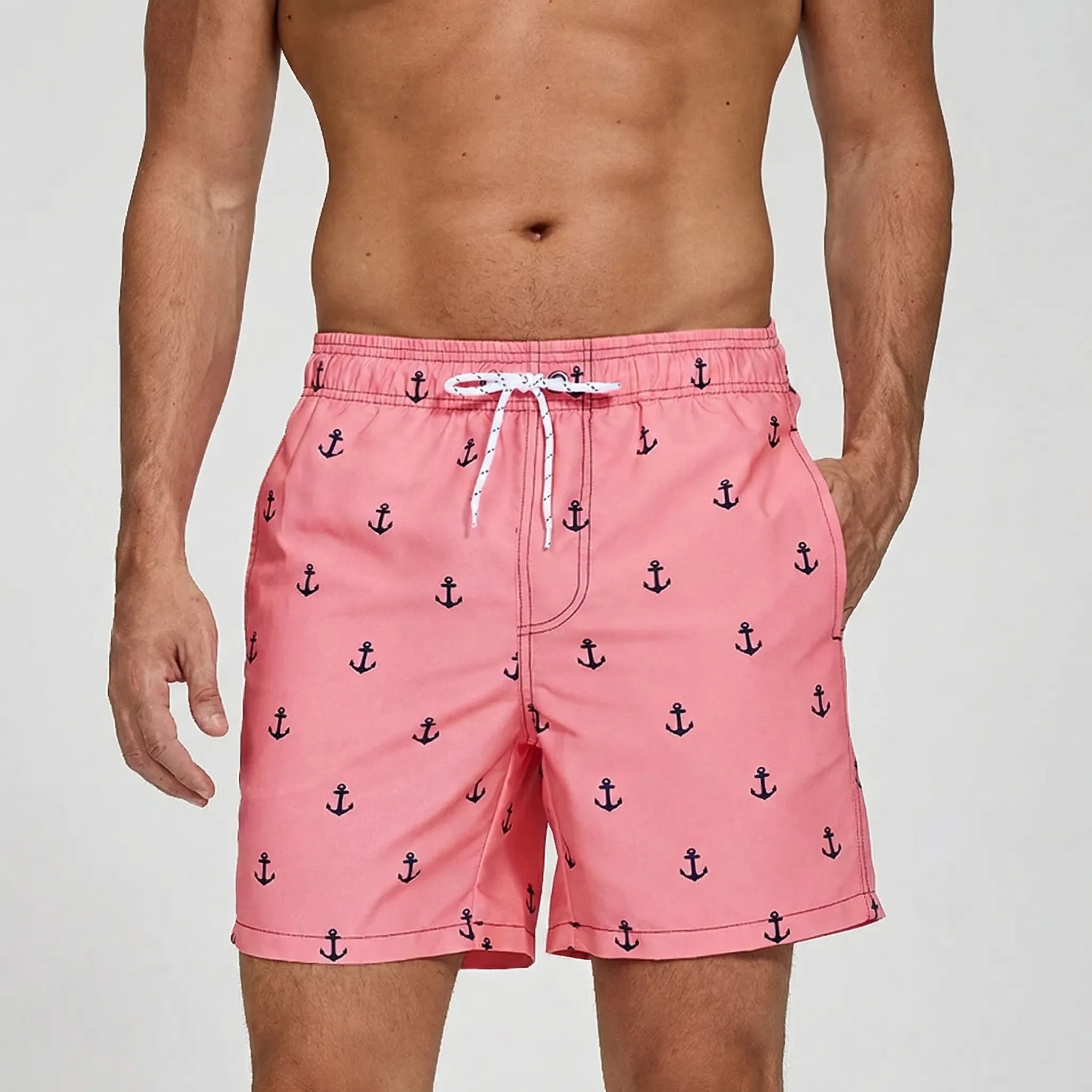 Men's short swim trunks with anchor print and adjustable drawstring