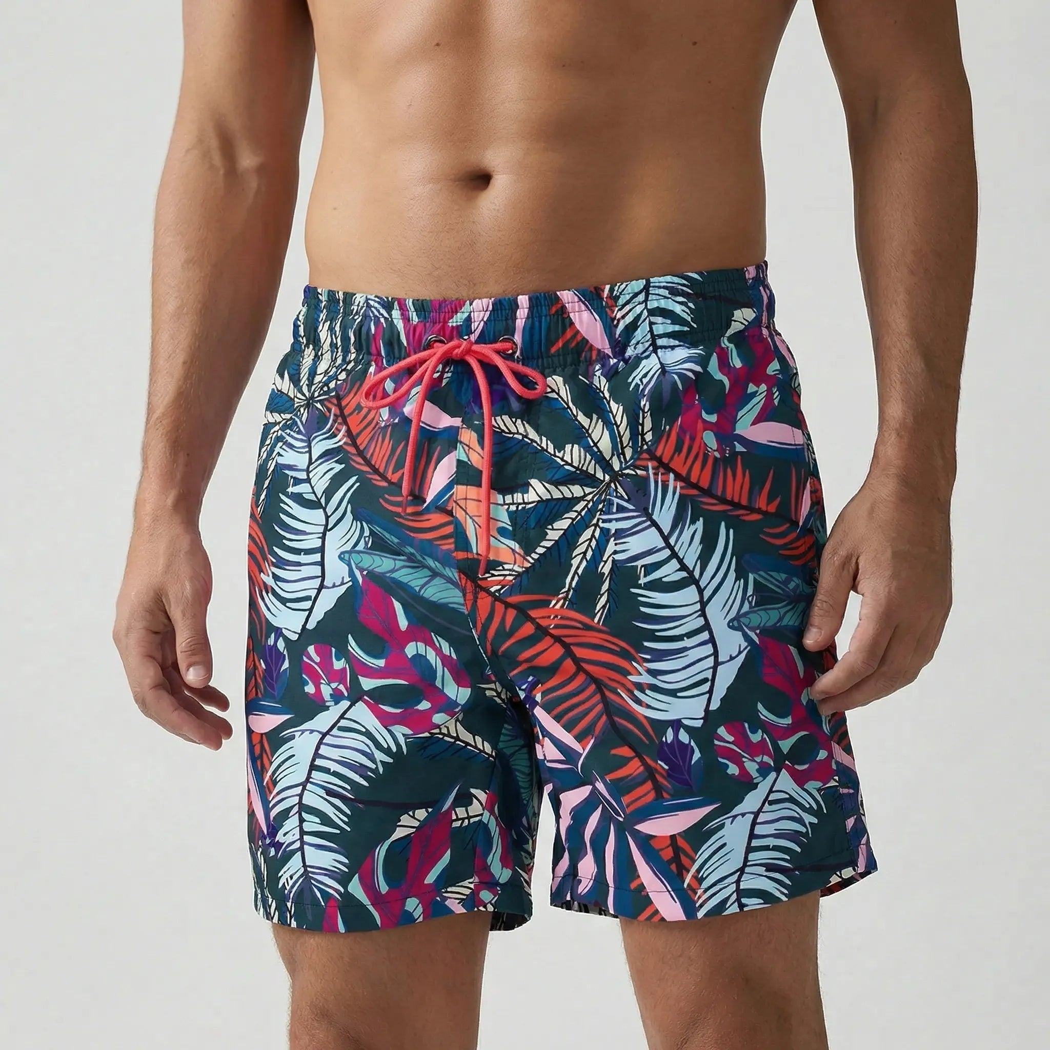 Men's short swim trunks with anchor print and adjustable drawstring