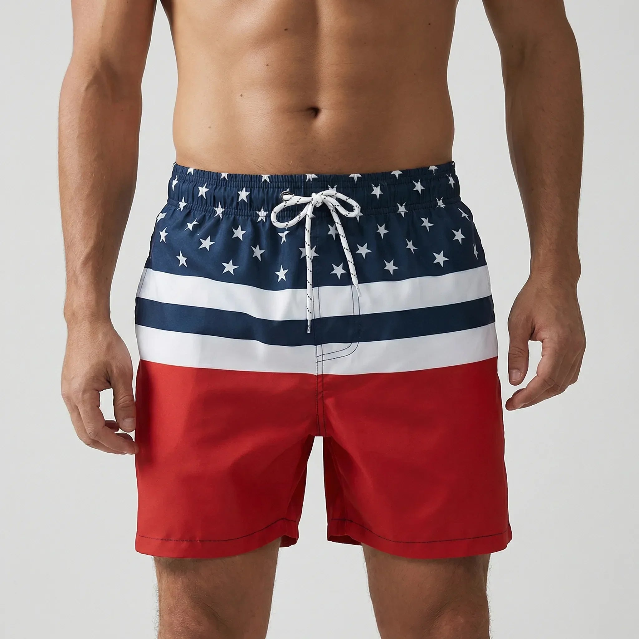 Men's short swim trunks with anchor print and adjustable drawstring