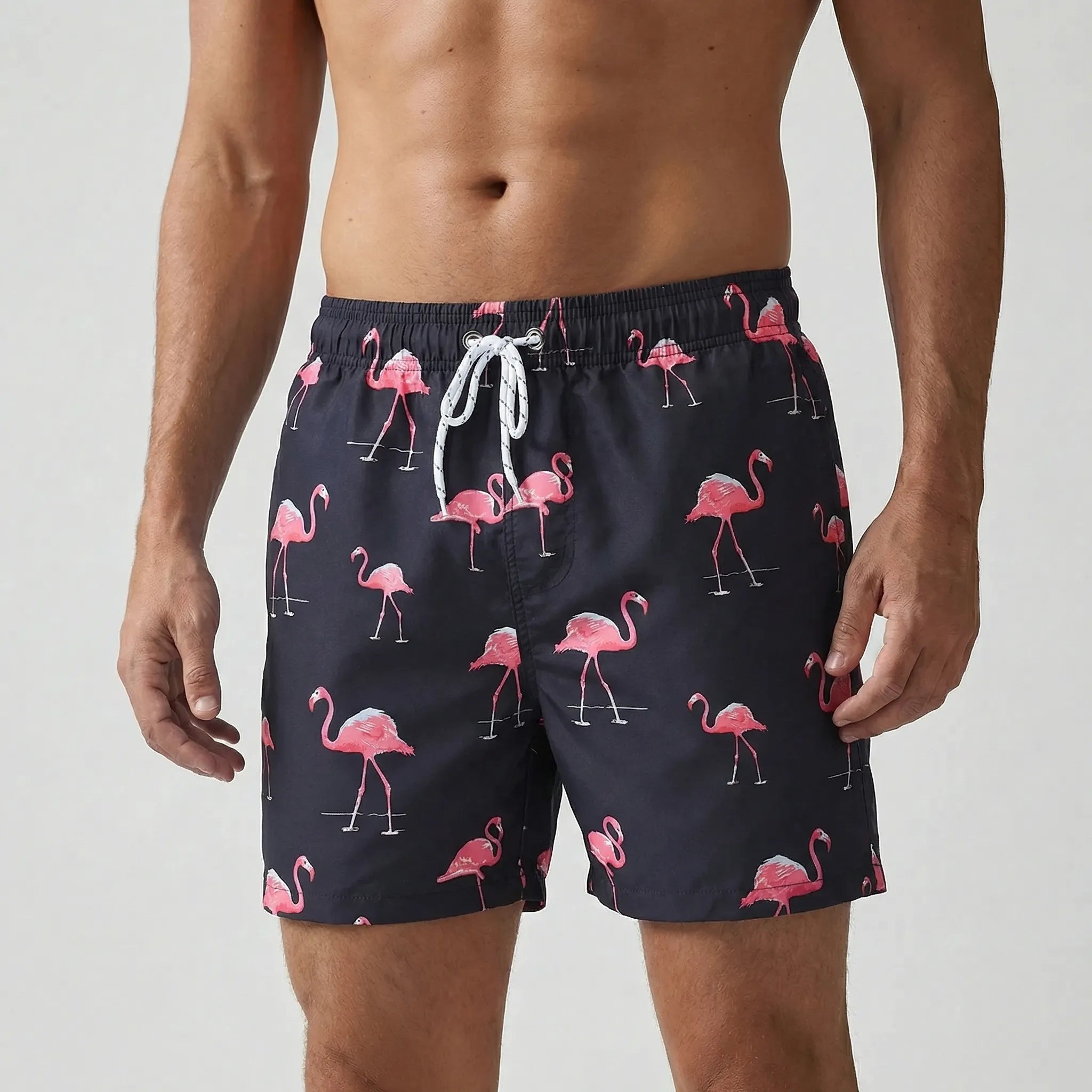 Men's short swim trunks with anchor print and adjustable drawstring