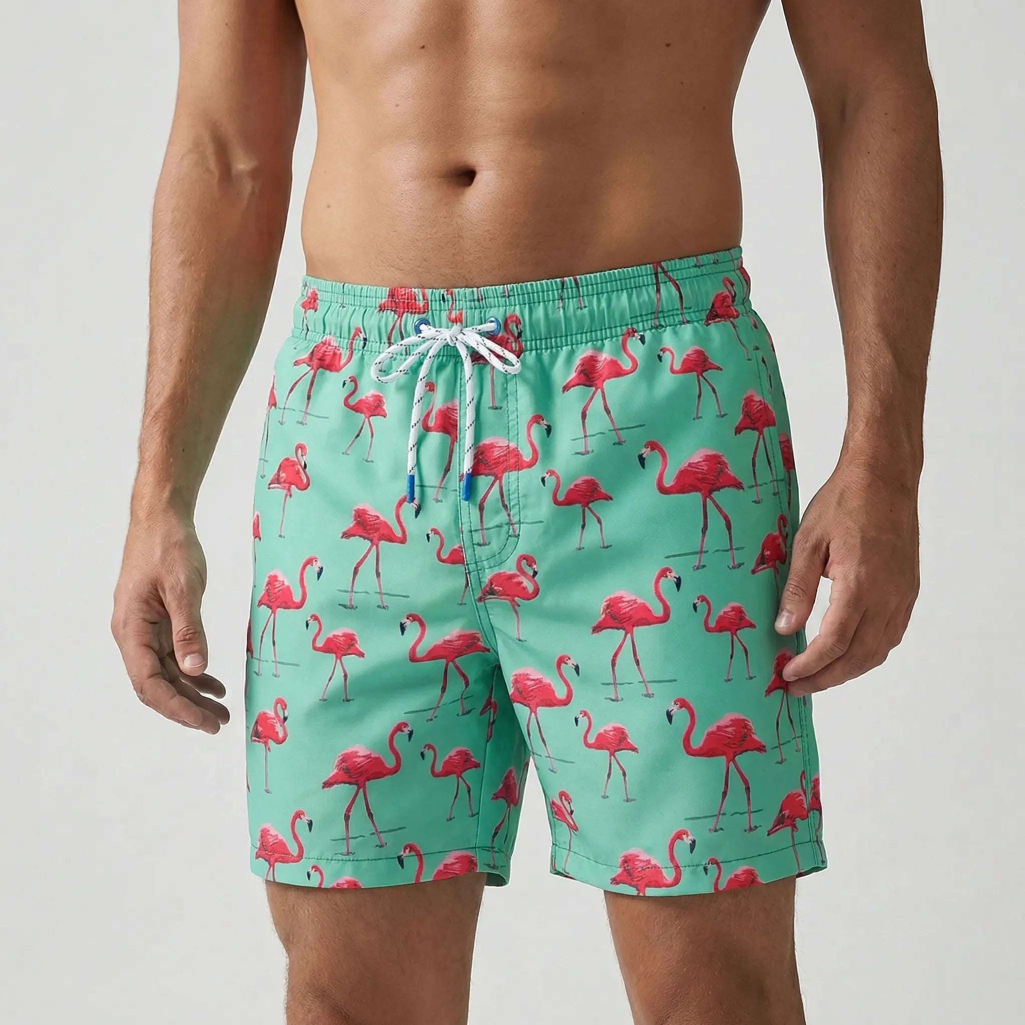Men's short swim trunks with anchor print and adjustable drawstring