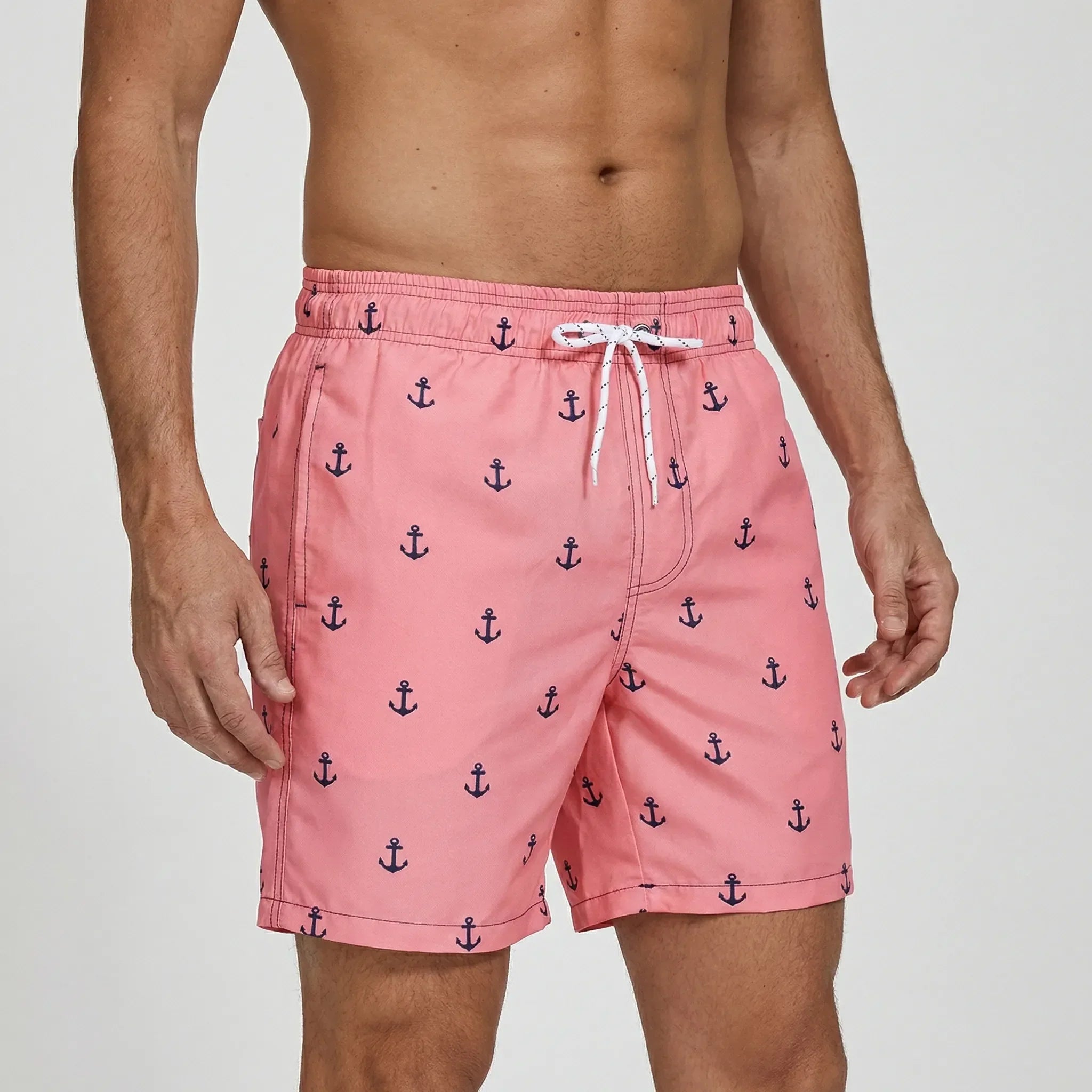 Men's short swim trunks with anchor print and adjustable drawstring