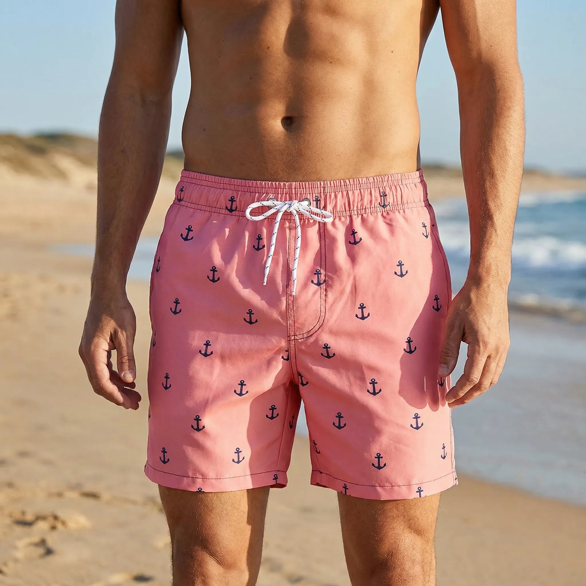 Men's short swim trunks with anchor print and adjustable drawstring